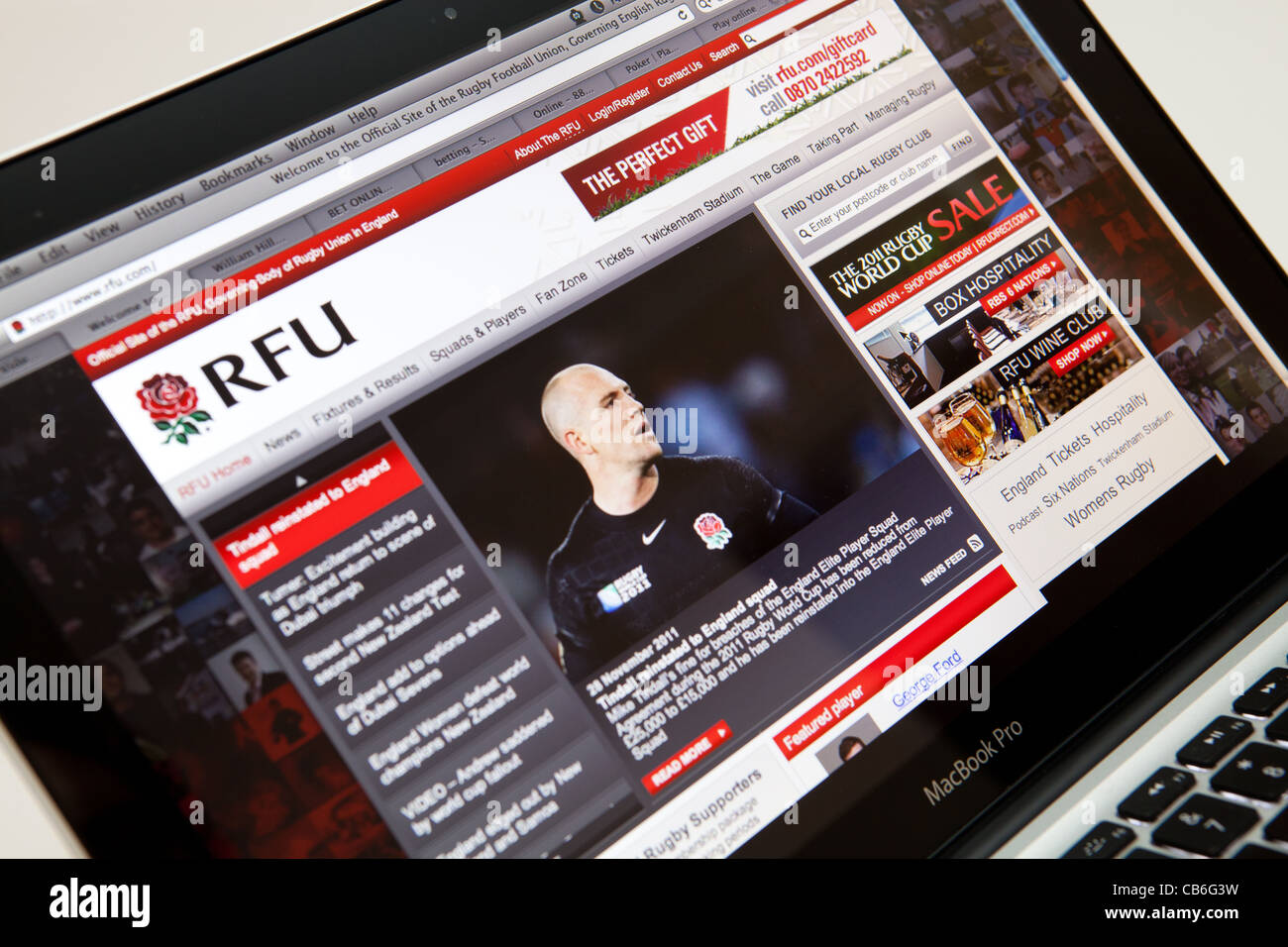 Il RFU Rugby Union sito screen shot della pagina web Foto Stock