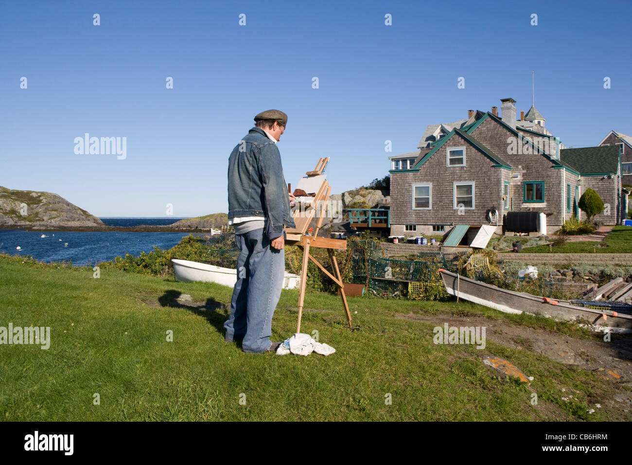Maine: Monhegan Island artista pittura Foto Stock