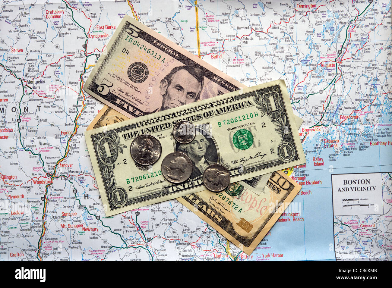 USA: New England mappa sovrapposta con il dollaro valuta Foto Stock