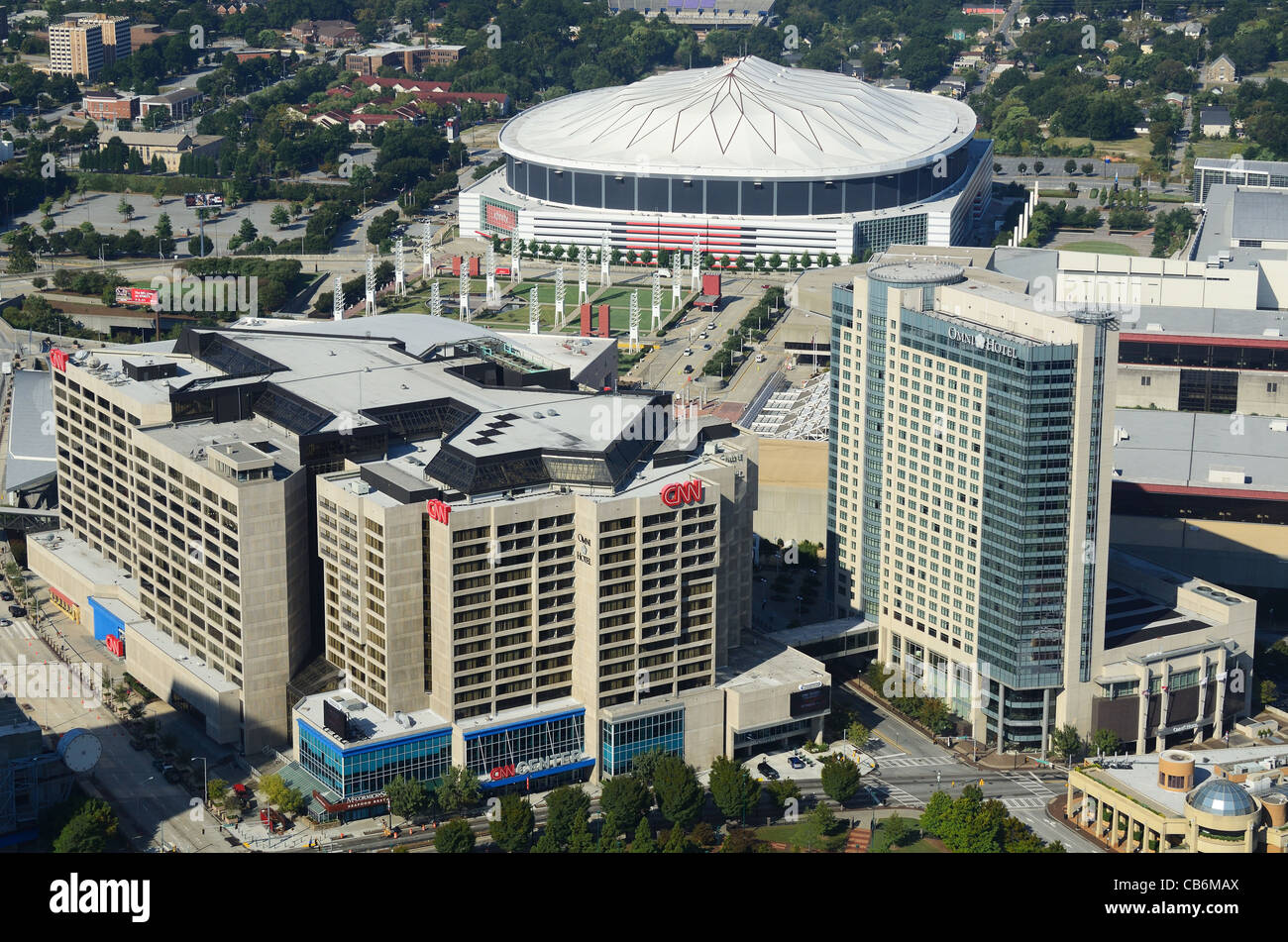 Vista aerea del landmark Atlanta, Georgia edifici tra cui Omni Hotel, il CNN Center, il Georgia Dome. Foto Stock