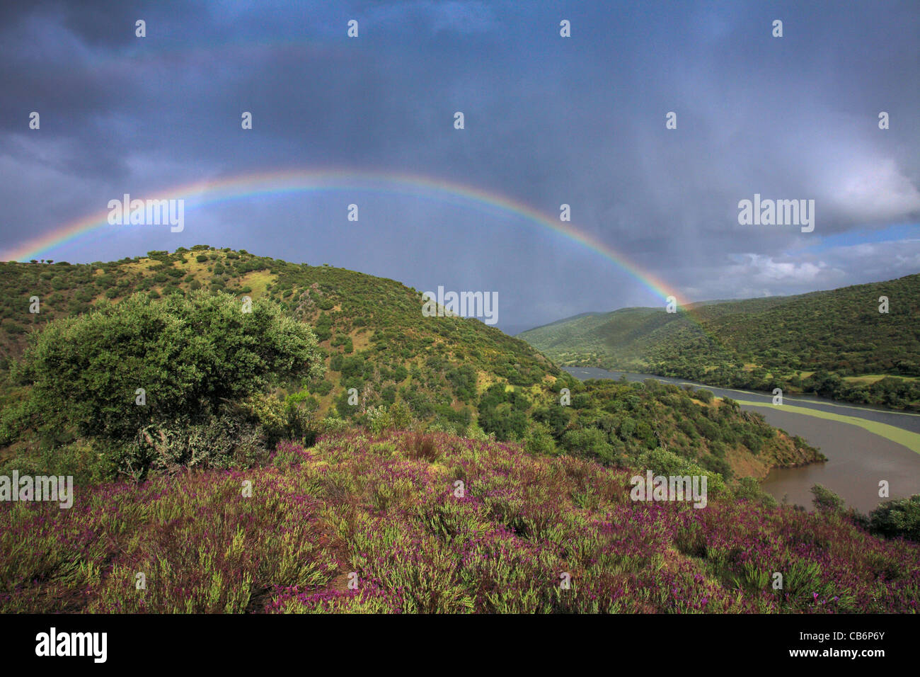 Rainbow sul fiume Tejo, Herdade da Poupa, Alentejo, Portogallo Foto Stock