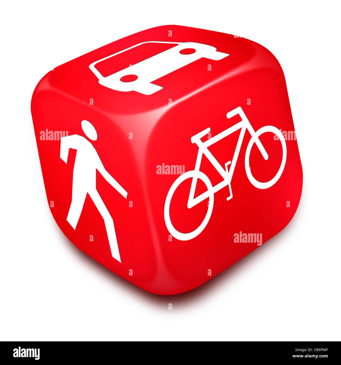 Dadi rossi con i simboli per i diversi modi di trasporto come guida a piedi e in bicicletta stampato su suoi lati. ritaglio Foto Stock