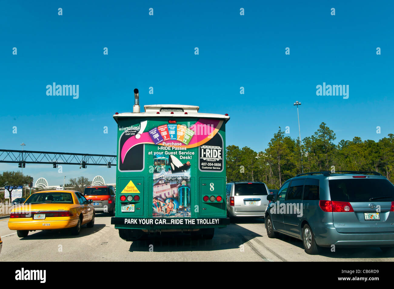 I-Ride Trolley bus, International Drive Resort Area, Orlando, Florida Foto Stock