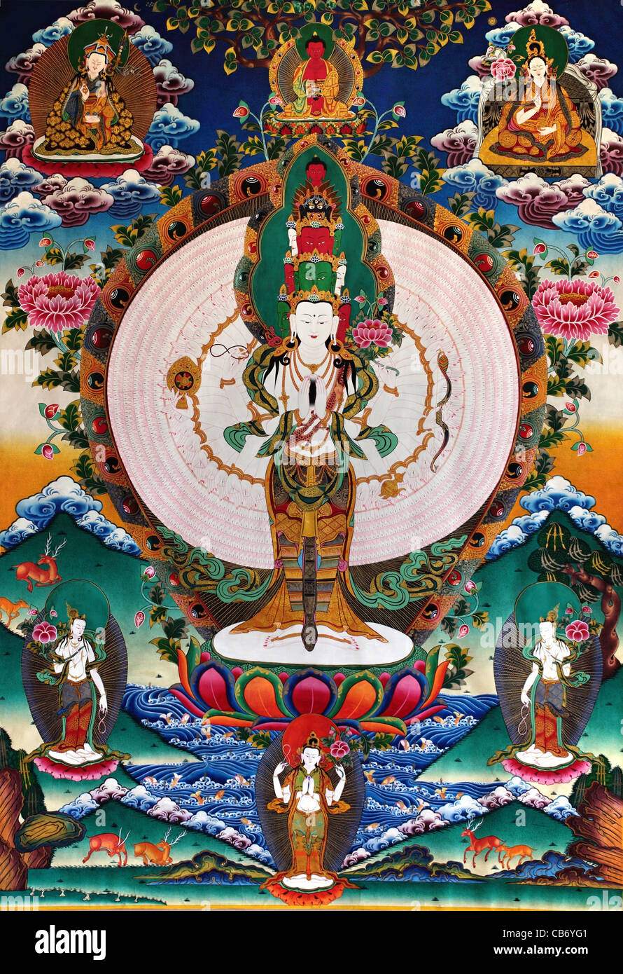Avalokiteshvara Bodhisattva della compassione thangka dal Nepal. Alta qualità della pittura. Foto Stock