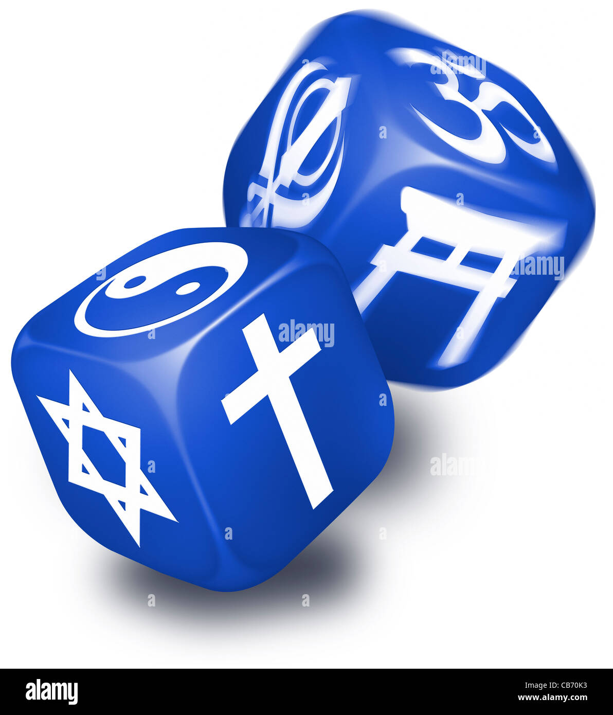 Coppia di dadi blu con i simboli delle varie dottrine religiose stampato su ciascun lato. tagliare, sfondo bianco Foto Stock