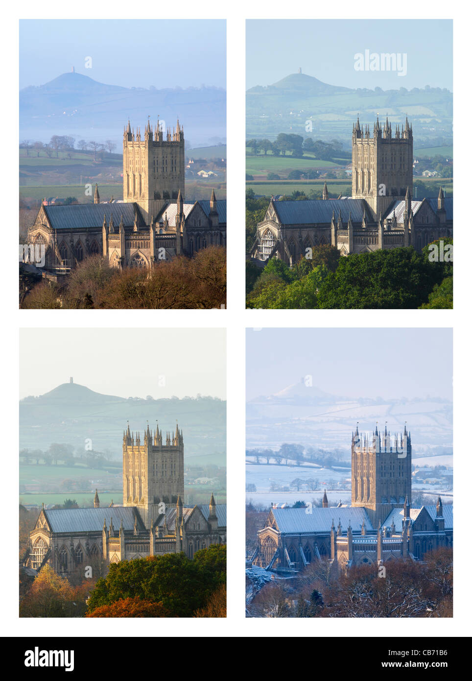 Four Seasons sequenza. Cattedrale di Wells con Glastonbury Tor in distanza. Somerset. In Inghilterra. Regno Unito. Foto Stock