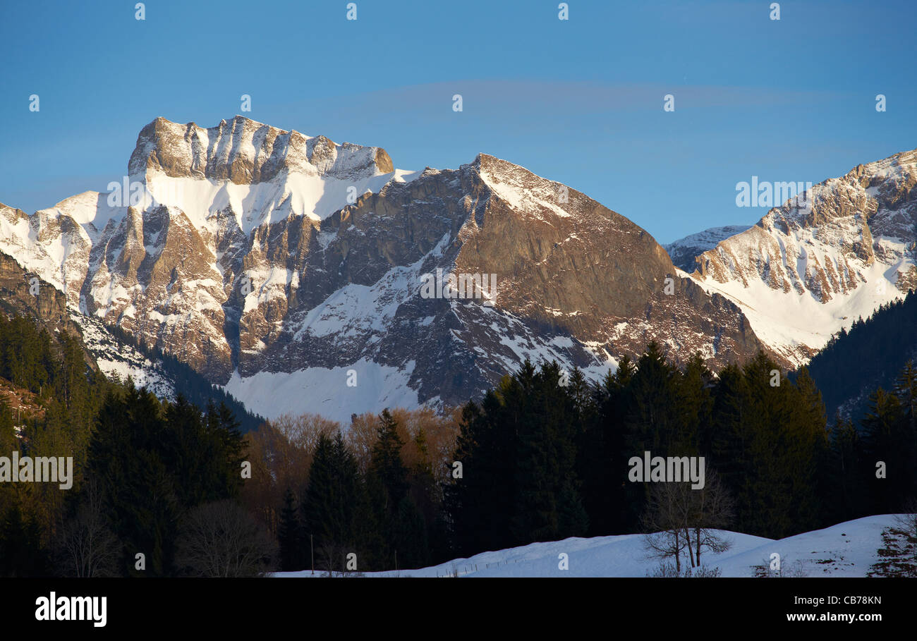 Cime coperte di neve dell'Allgaeu Alpi nel tardo pomeriggio la luce Foto Stock