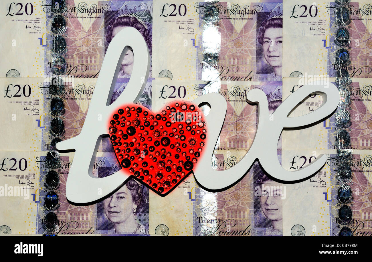 Amore di denaro contante in inglese valuta venti pound note Foto Stock