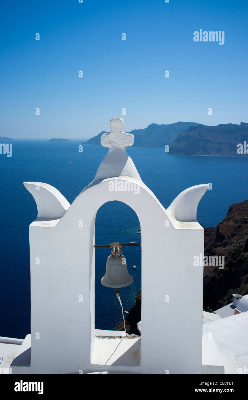 Santorini, Grecia, greco, blu cielo, Bell, Chiesa torre, panoramica, coste, incredibili, Epic, chiesa, visualizzare le isole, acqua Foto Stock