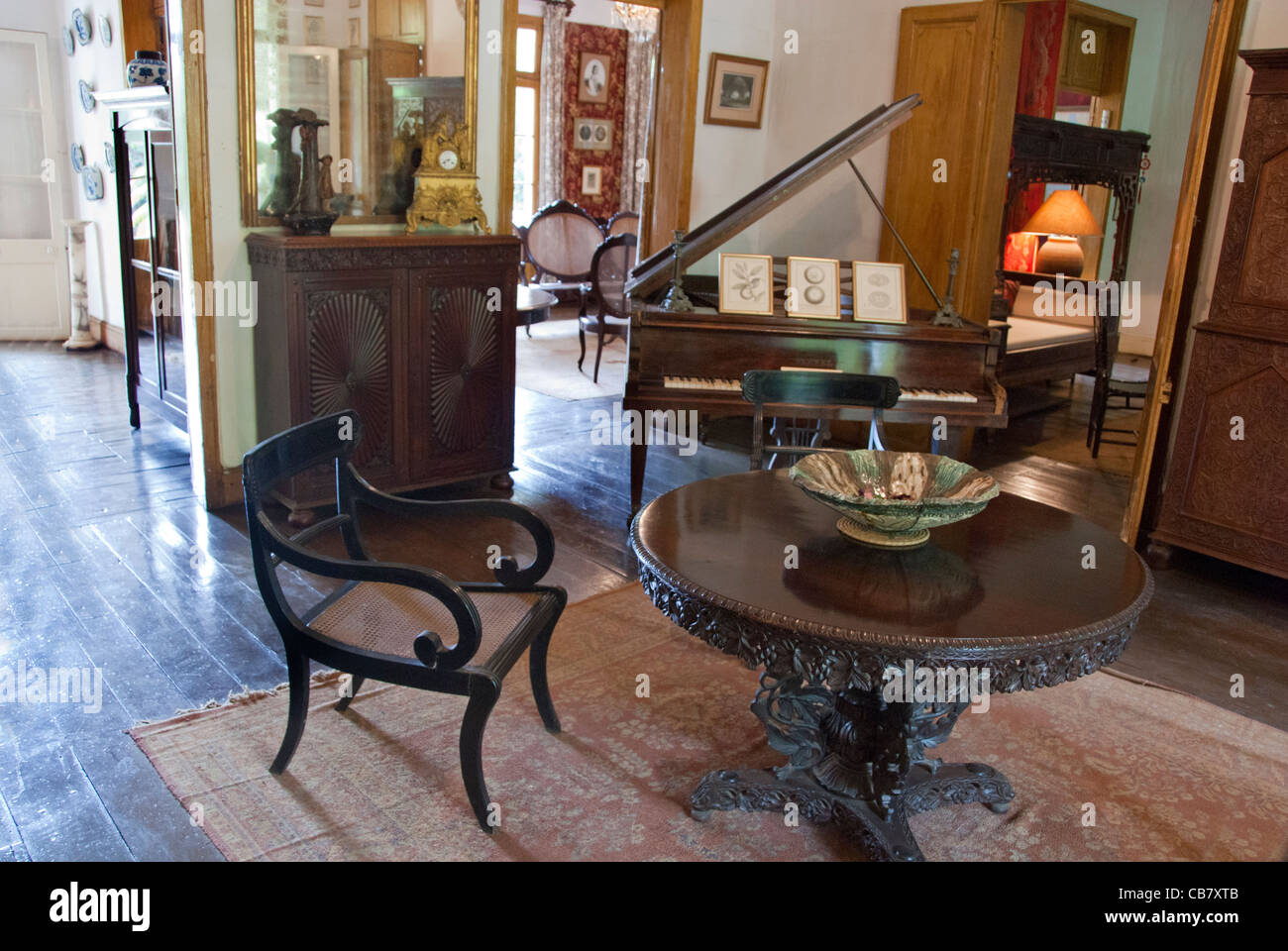 Isola di Mauritius. Eureka house, ammenda restaurata casa coloniale costruita nel 1834. interno con mobili vintage. Foto Stock