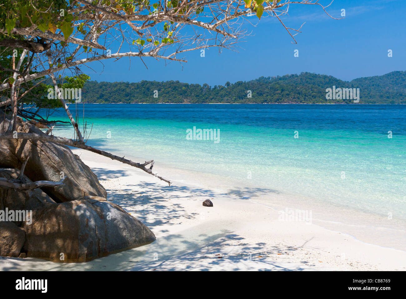 Vista da una delle numerose piccole spiagge su Ko Rawi isola, Thailandia Foto Stock