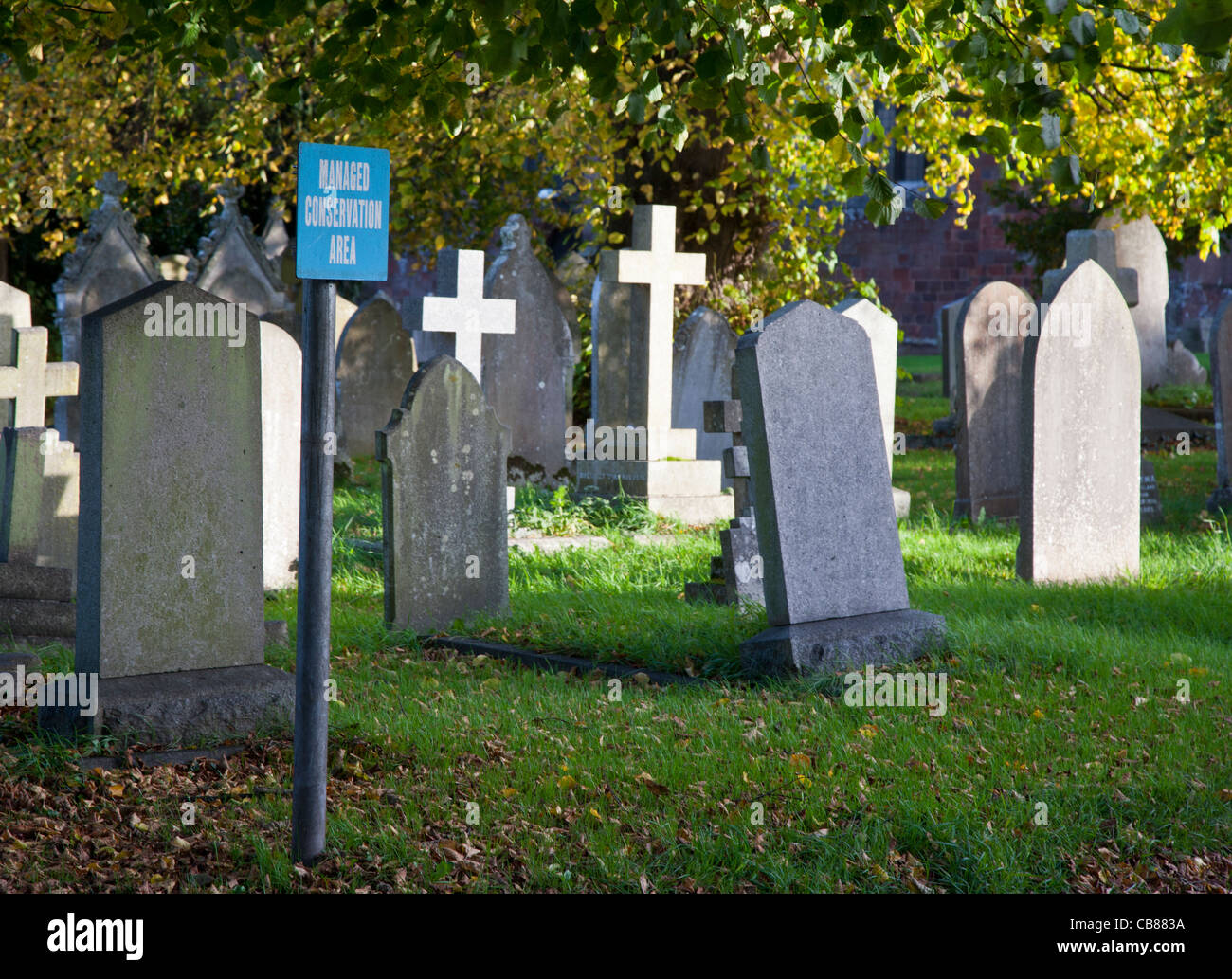 Cimitero con segno dicendo che è gestito da area di conservazione in Crediton, Devon, Inghilterra Foto Stock