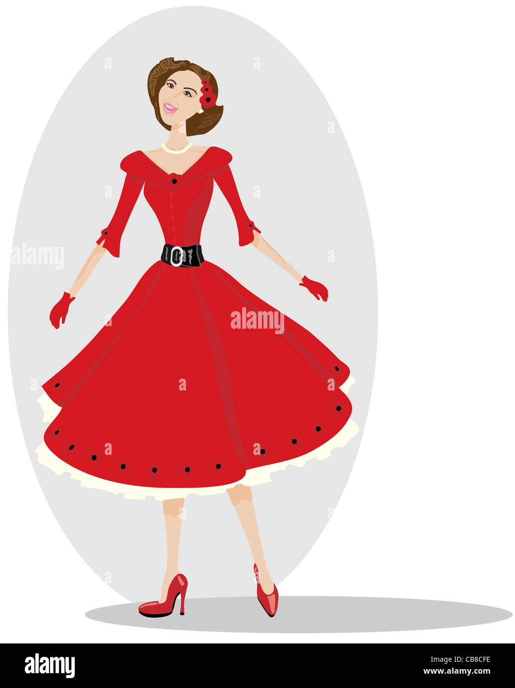 Una illustrazione di una donna in stile anni cinquanta abbigliamento su sfondo bianco Foto Stock