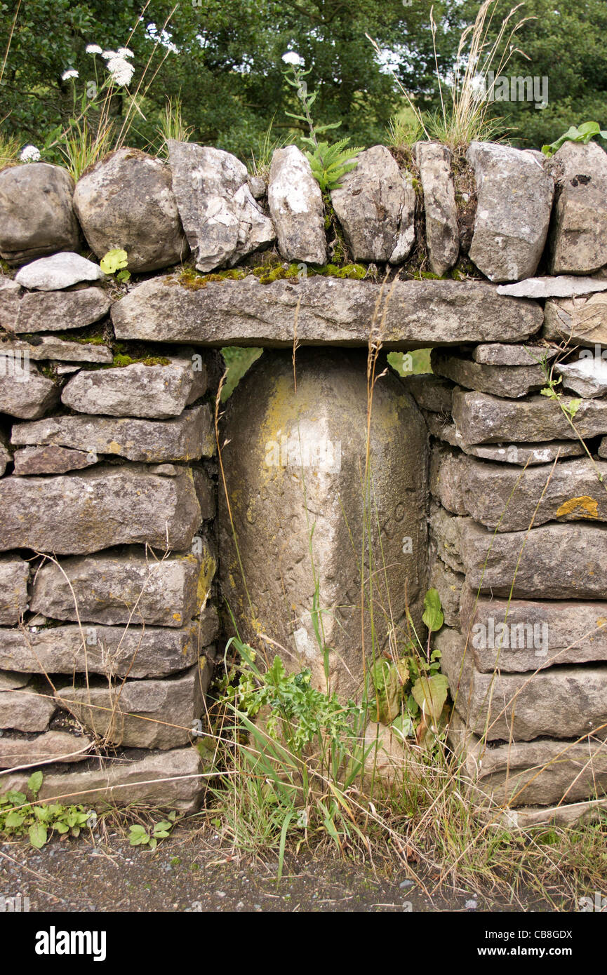 Miglio post vicino a Newton, foresta di Bowland, Lancashire, Inghilterra Foto Stock