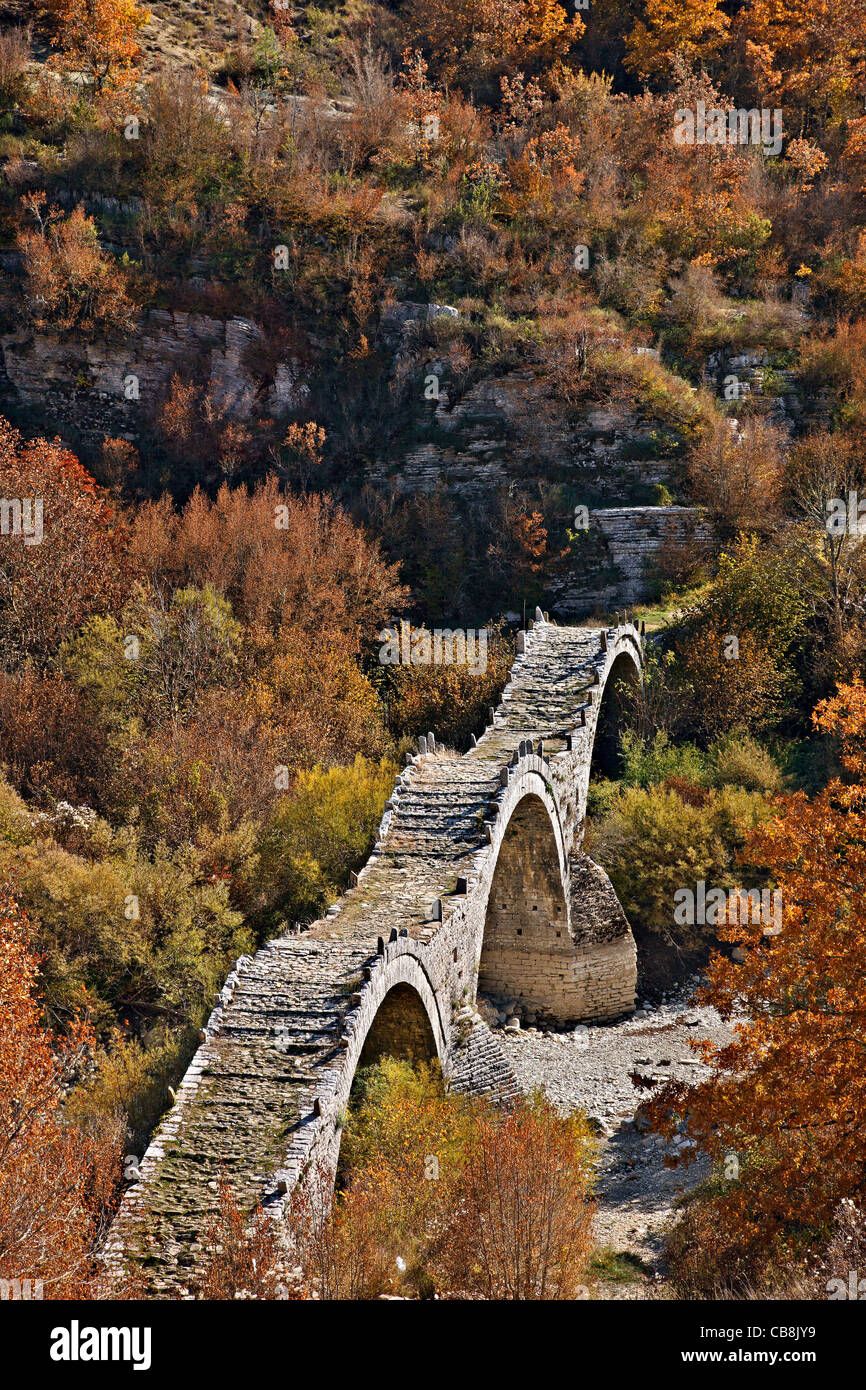 Il 3- arcuata di ponte di pietra conosciuta come 'Kalogeriko' o 'Plakidas' bridge, vicino al villaggio di Kipoi, regione di Zagori, Ioannina, Grecia. Foto Stock