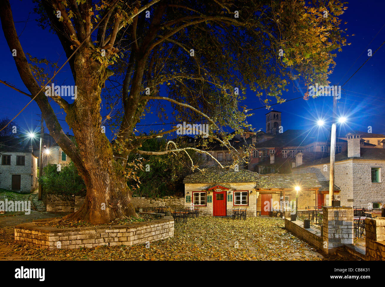 La piazza del villaggio Dilofo di notte. Regione di Zagori Ioannina,, Epiro, Grecia Foto Stock