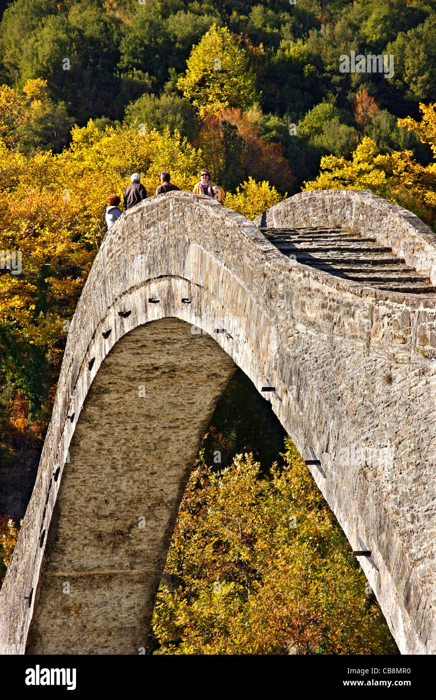 La Plaka (o 'Plakas') bridge, il più grande singolo ad arco-ponte di pietra nei Balcani, attraversando il fiume Arachtos, Ioannina, Grecia Foto Stock