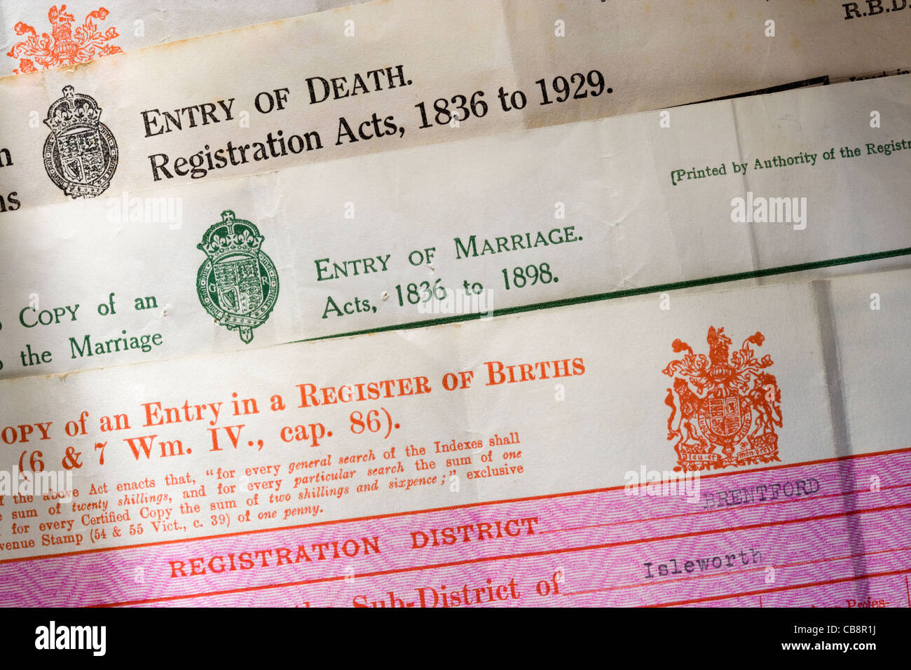Il vecchio nascita, morte e certificati di matrimonio. Regno Unito. Foto Stock