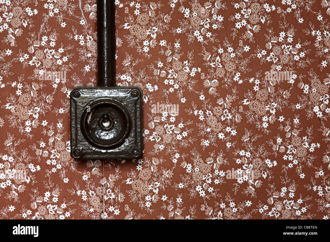 Vecchia luce elettrica interruttore e carta da parati retrò Foto Stock