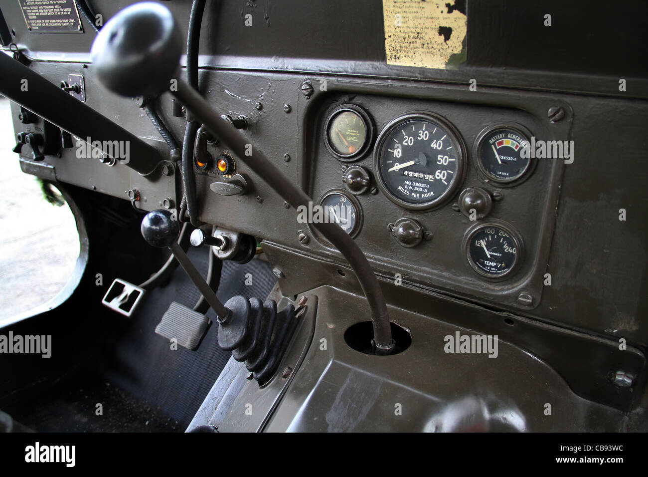 Controlli e pannelli informativi su American Willies Jeep. Foto Stock
