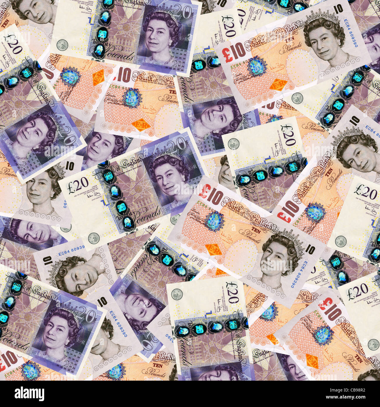 Denaro - dieci e venti pound note valuta sterlina vista aerea Foto Stock