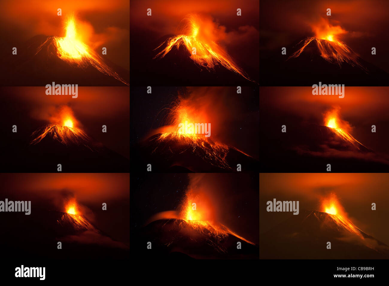 Raccolta di 9 foto del vulcano Tungurahua con diverse configurazioni dei flussi di lava girato con la Canon EOS 5D Mark II convertito da materie di piccole quantità di Foto Stock