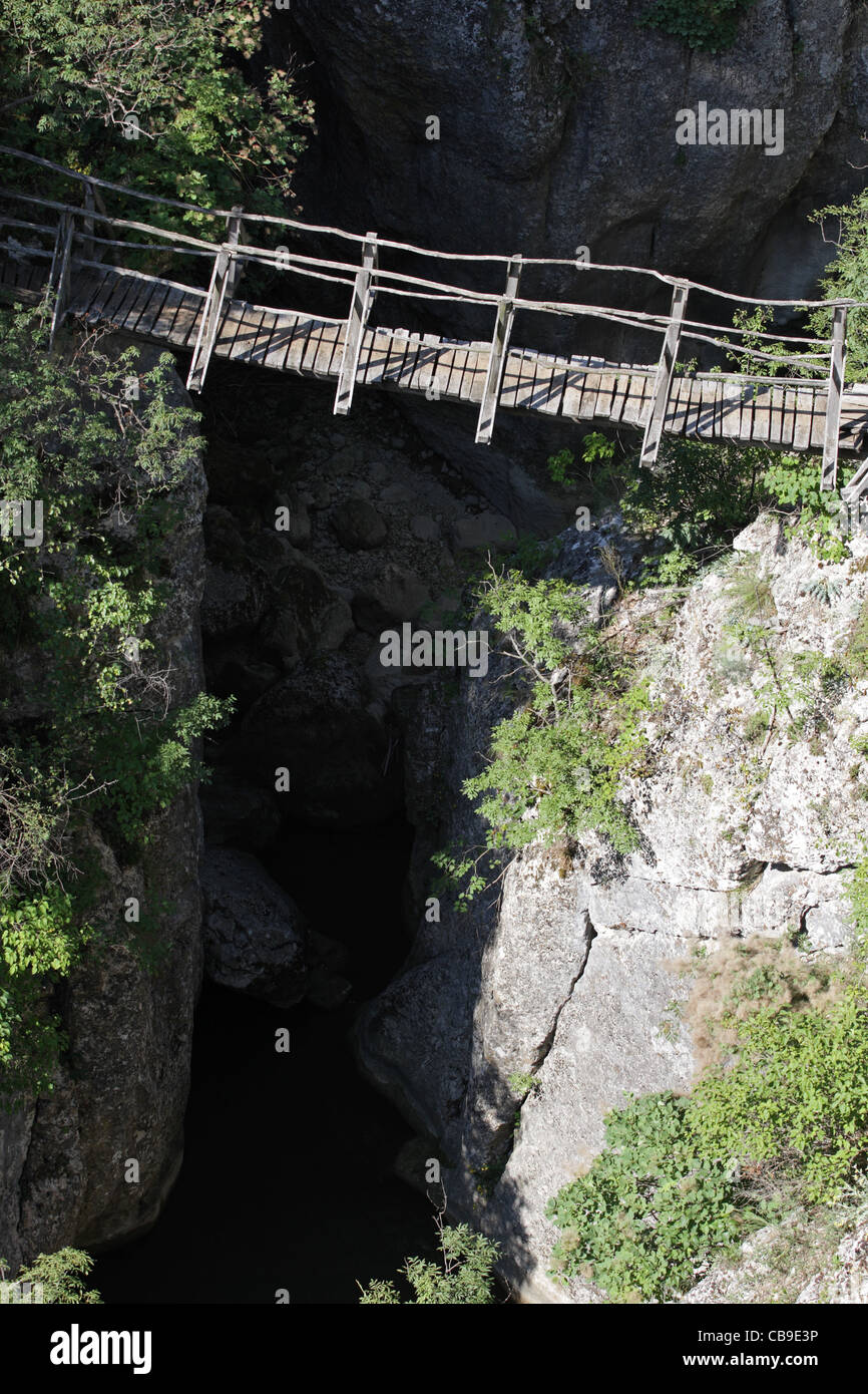 Ponte di legno nella gola del fiume di sperma vicino alla città di Veliko Tarnovo con un'eco trail, Bulgaria Foto Stock