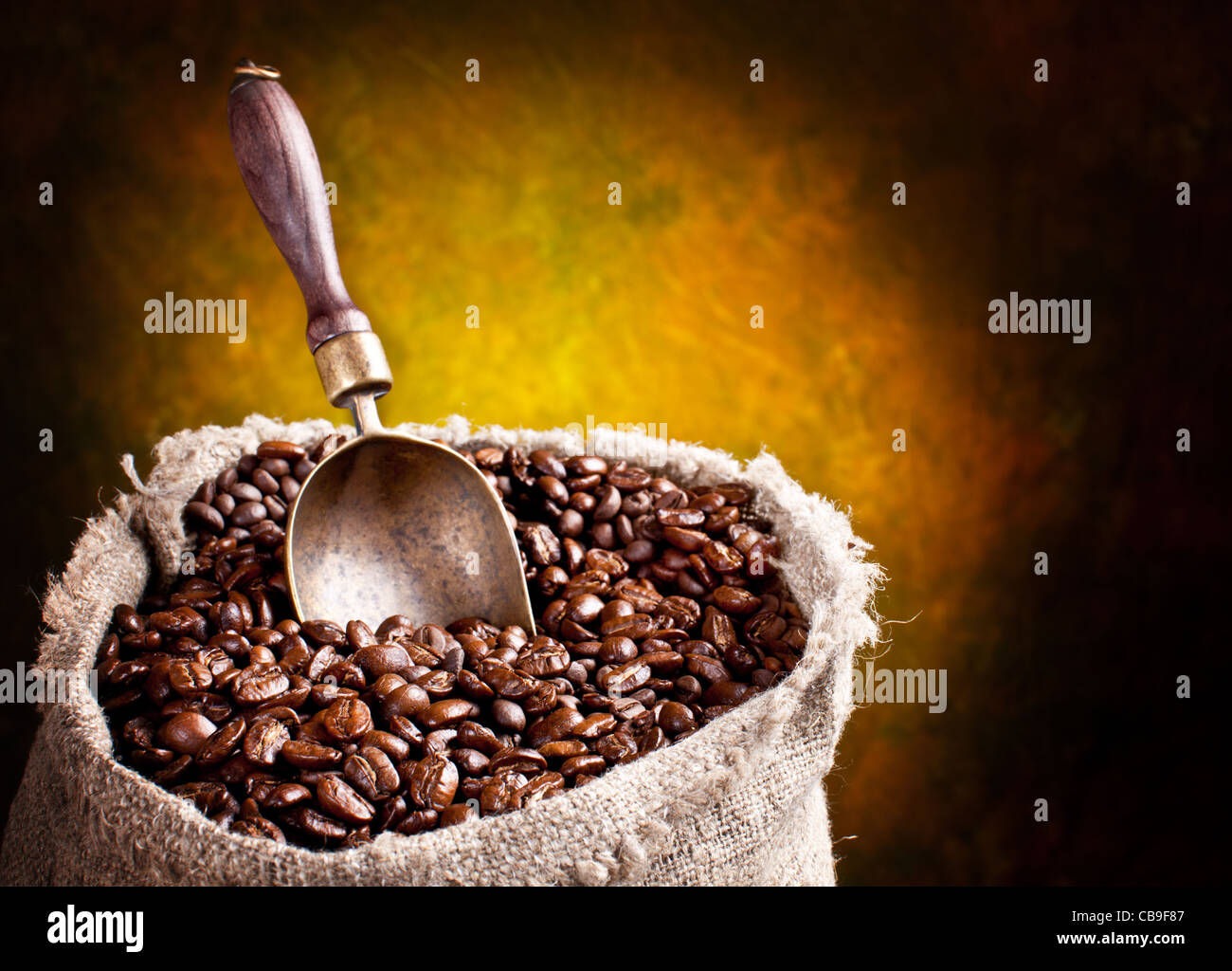Sacco di chicchi di caffè e scoop. Su uno sfondo scuro. Foto Stock
