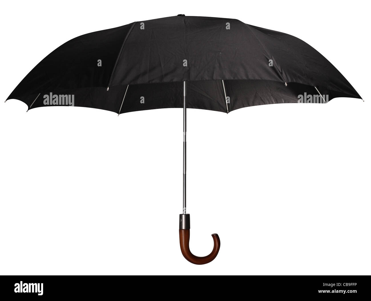Black classic ombrello con manico in legno. Isolato su uno sfondo bianco. Foto Stock
