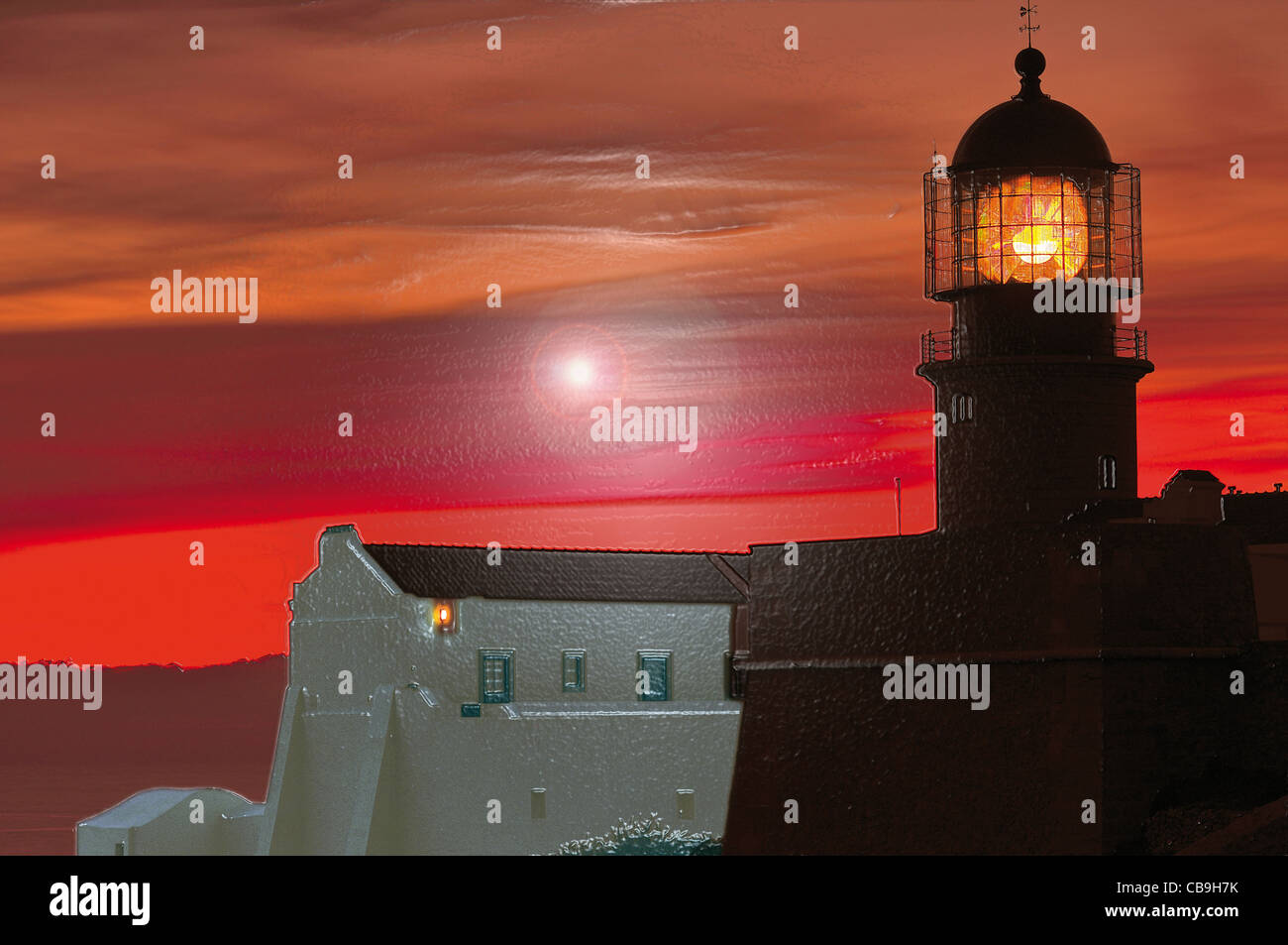 Il Portogallo, Algarve: Tramonto al faro di Cape Sao Vicente come immagine HDR con photofilter Foto Stock