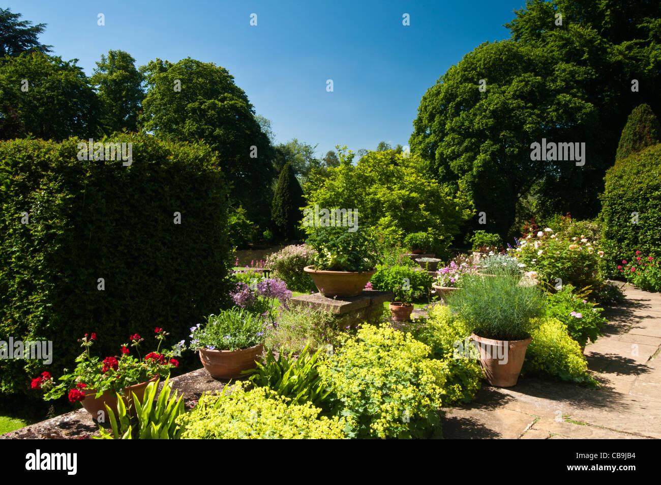 Pentole e contenitori piena di colorati estate piante su una terrazza a Coton Manor Gardens, Coton, Northamptonshire, Inghilterra Foto Stock