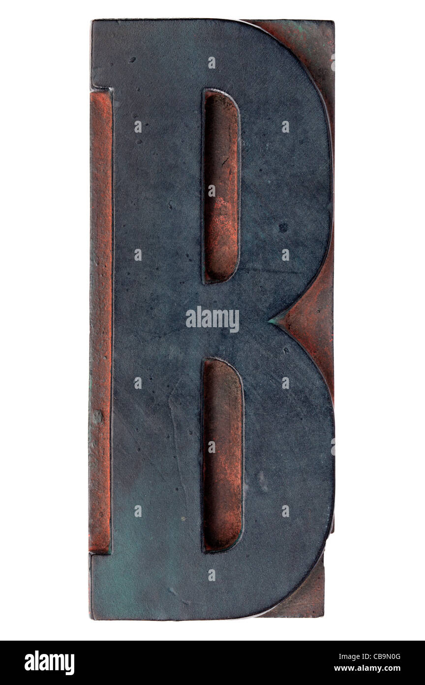 Lettera B - isolato in legno di antiquariato tipografia blocco macchiate da inchiostri a colori Foto Stock