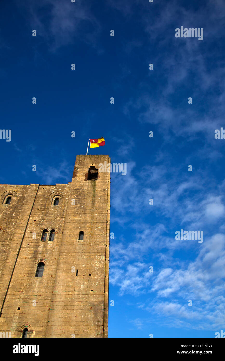 Il Castello di Hedingham con bandiera di De Vere famiglia battenti Foto Stock