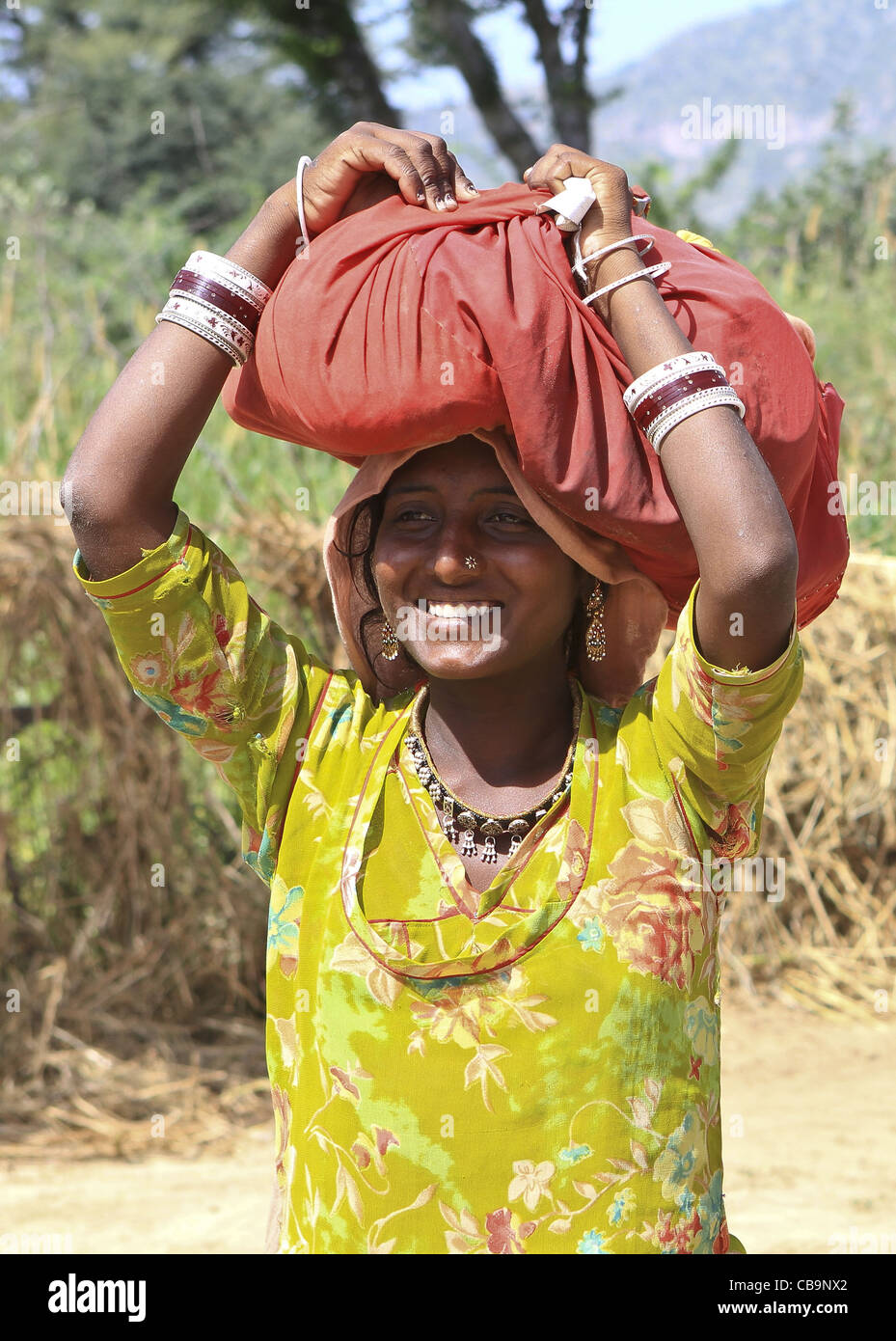 Colorato villaggio tradizionale donna portando i suoi averi sul suo capo nel Rajasthan. India Foto Stock