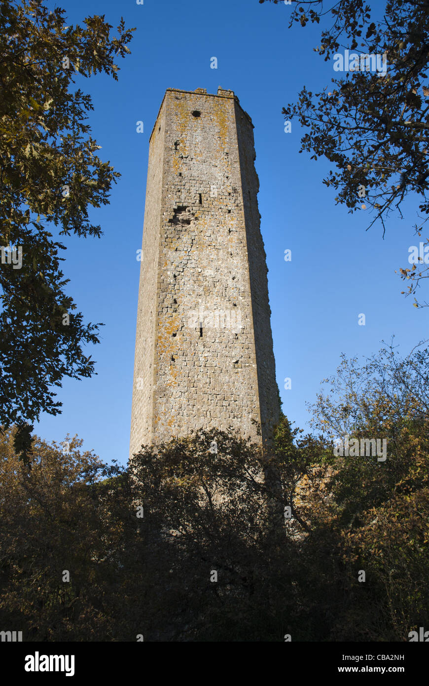 La cosiddetta torre di Chia nell'insediamento medievale di Colle Casale, provincia di Viterbo, Italia. Foto Stock