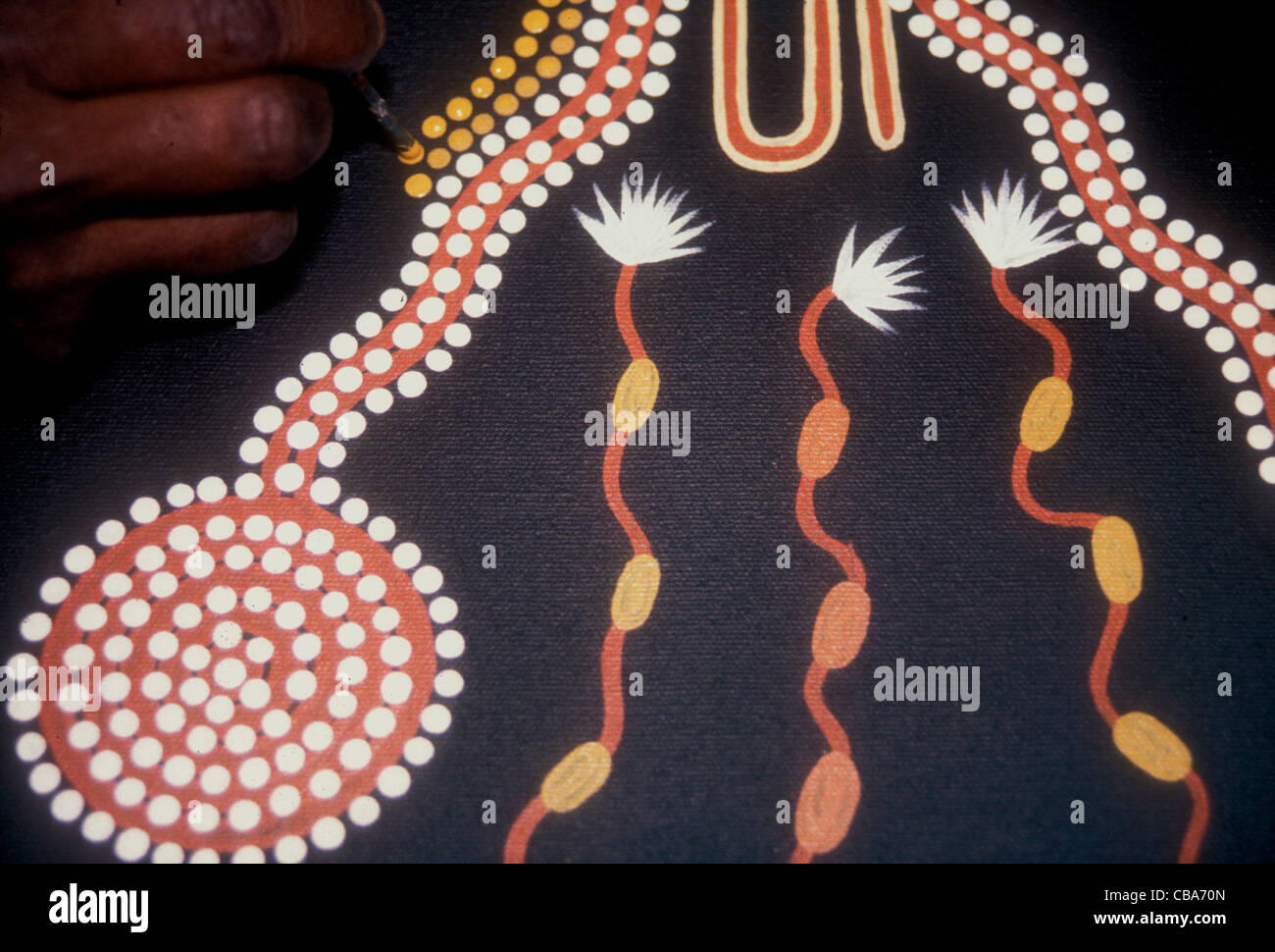 Pittura aborigena a mano con vernice acrilica, Australia Centrale Foto Stock