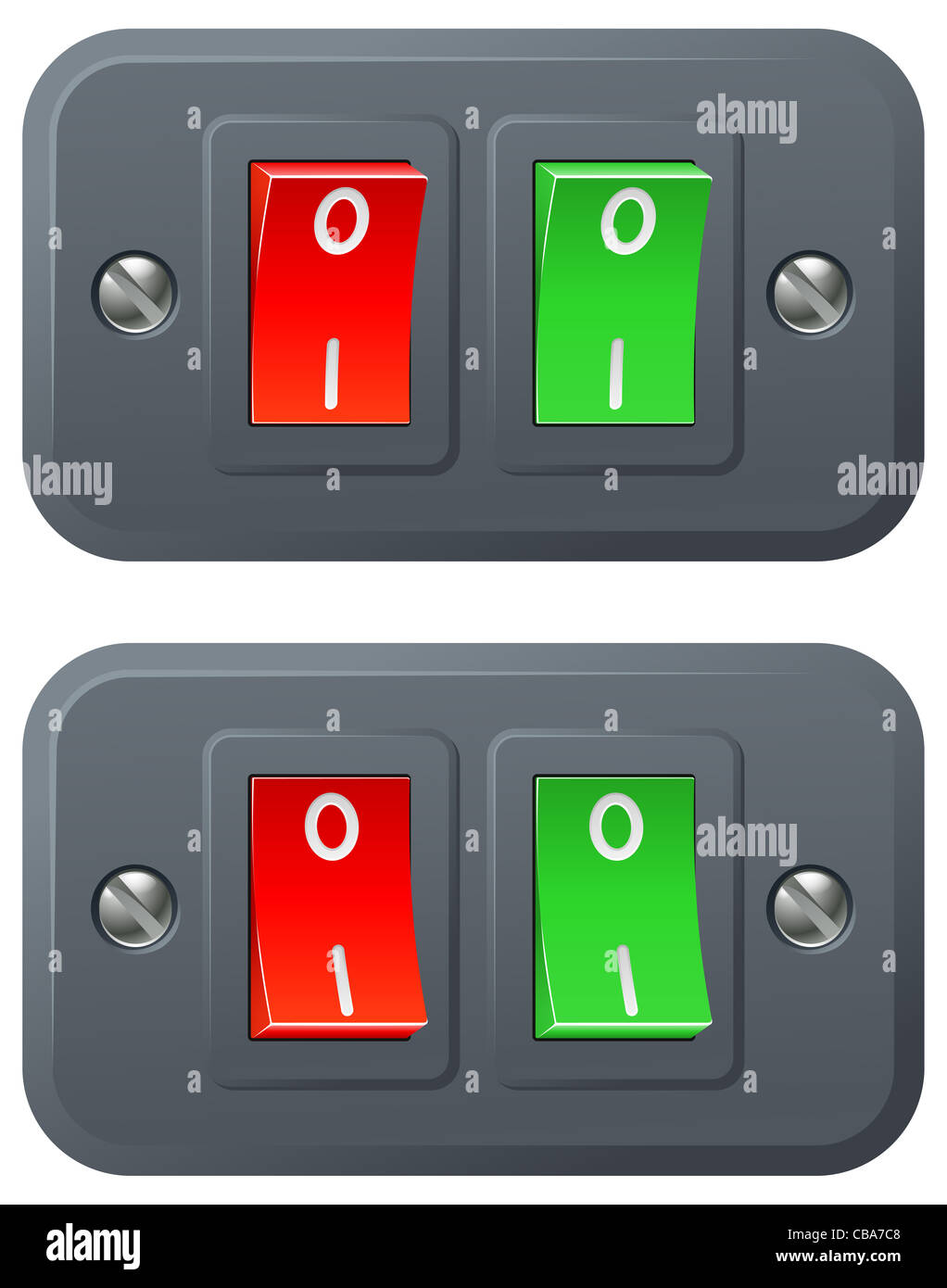 Illustrazione del rosso e del verde degli interruttori in posizione di accensione e spegnimento Foto Stock