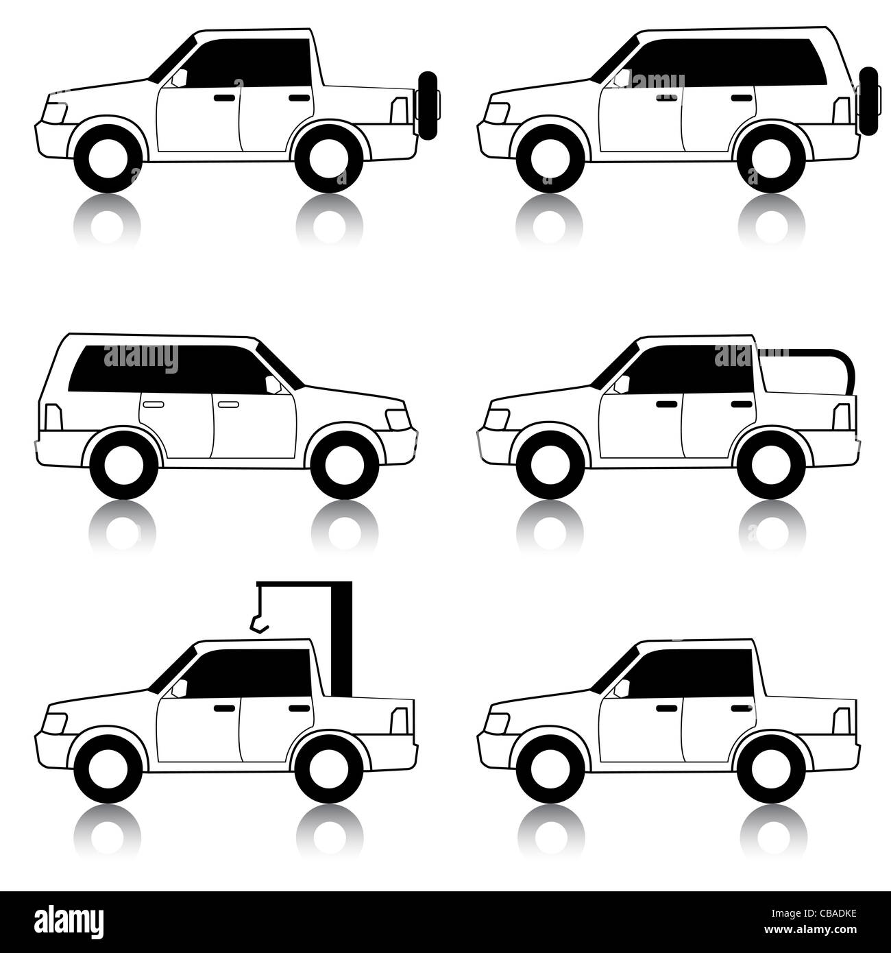Set di icone vettoriali - trasporto dei simboli. Nero su bianco. Automobili, veicoli. Corpo vettura. Foto Stock