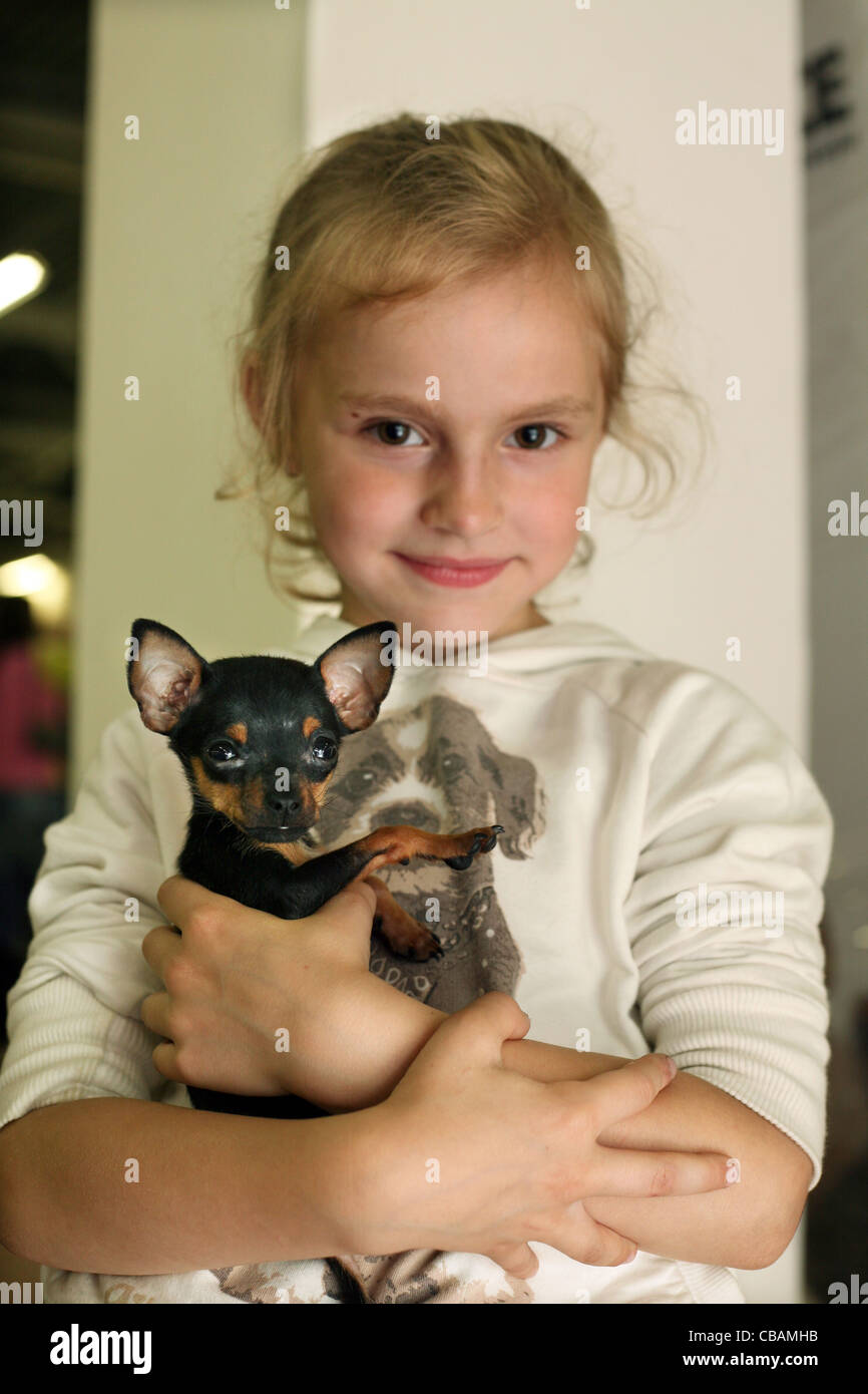 Il bambino con un cane Chihuahua Foto Stock