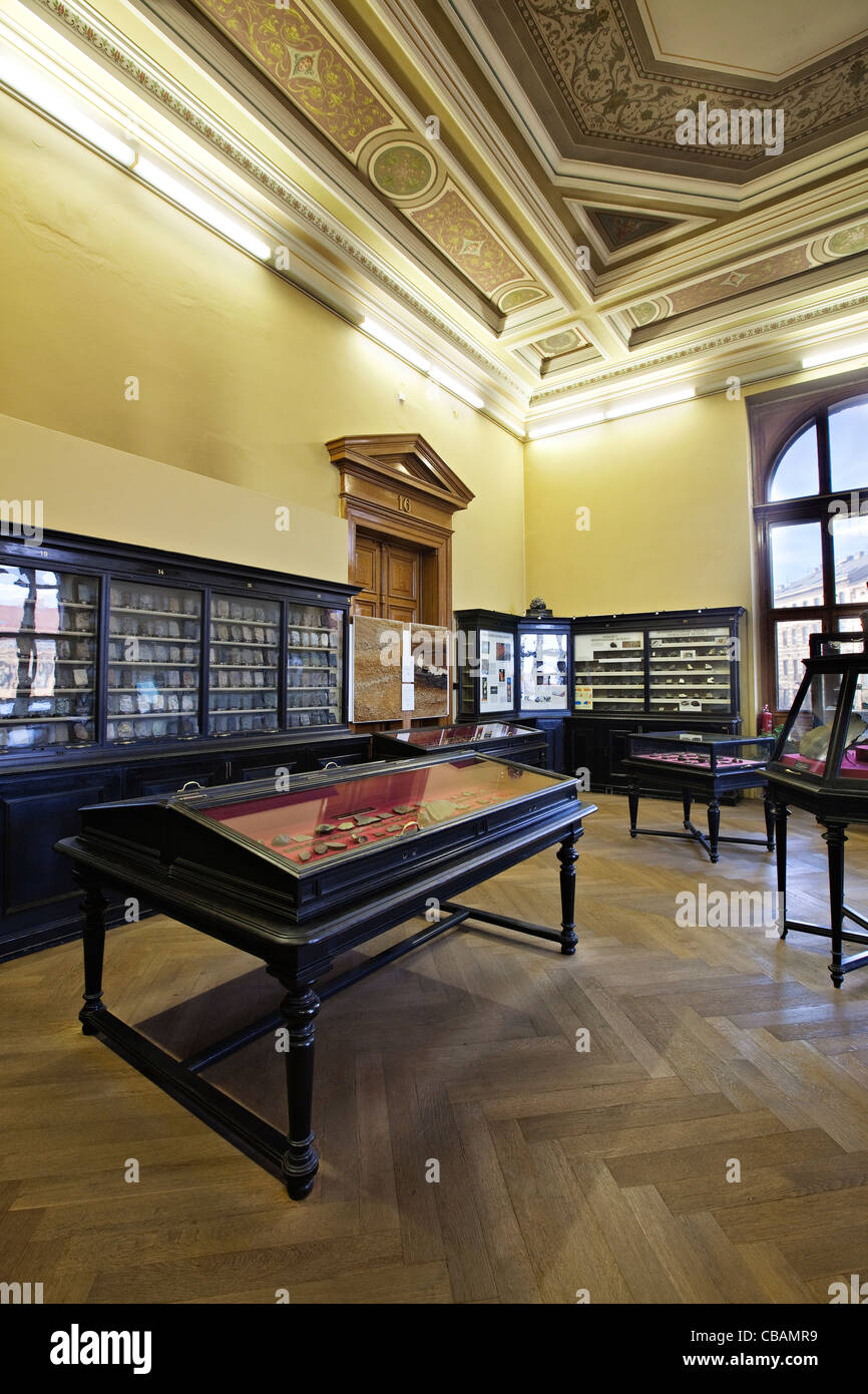 Esposizione di minerali in interno del Museo Nazionale di Praga, Repubblica ceca sul set. 1, 2010. Il Museo nazionale è stato costruito in Foto Stock