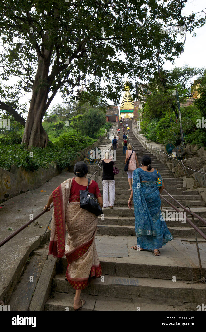Passi per Swayambhunath Stupa, Monkey Temple, Sito Patrimonio Mondiale dell'UNESCO, Kathmandu, Nepal, Asia Foto Stock