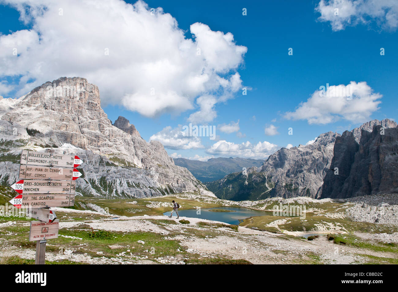 Sign-post a Forcella di Toblìn, Alta Pusteria, Dolomiti, Alto Adige, Italia, Europa Foto Stock