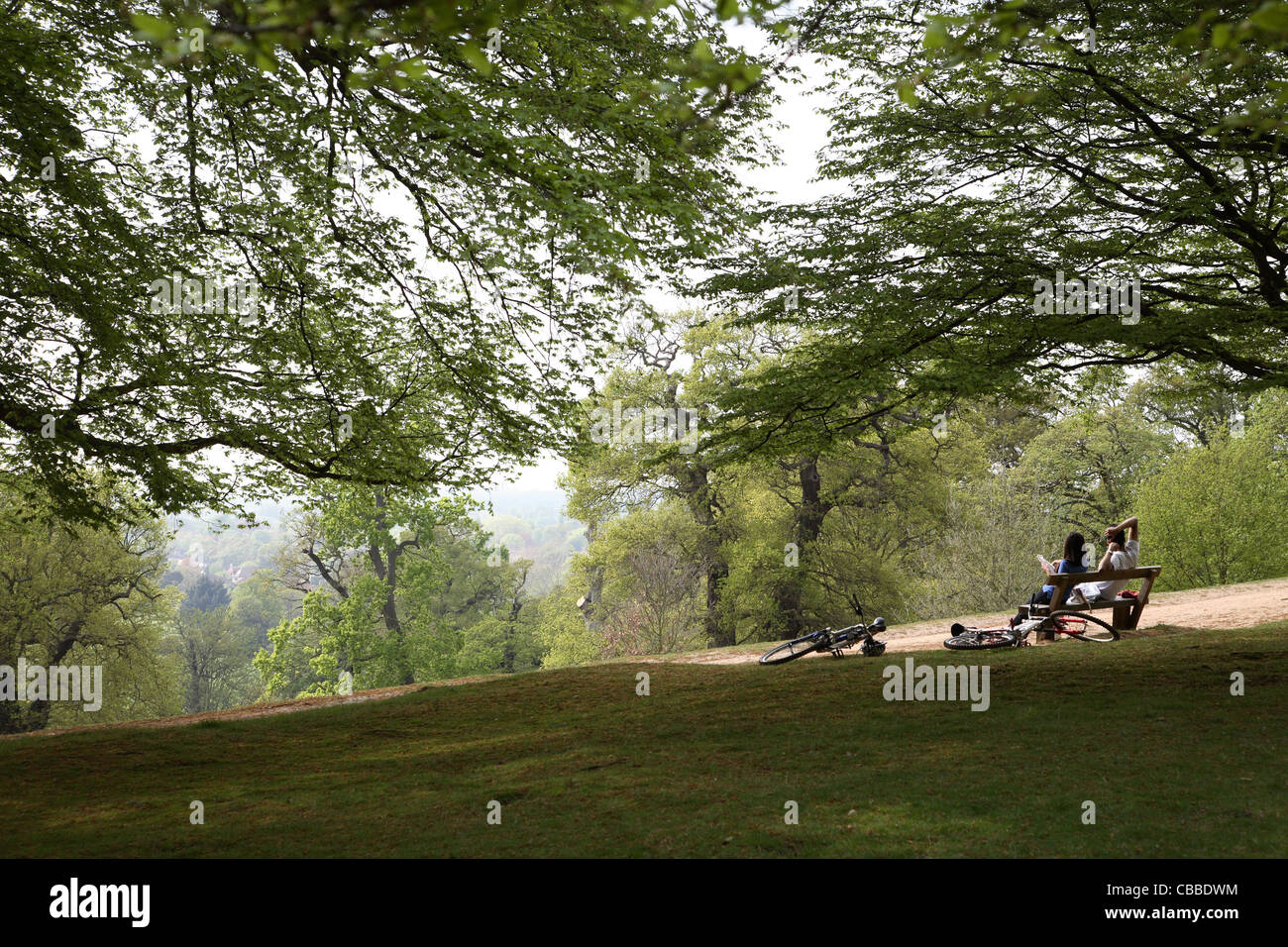 Una giovane coppia seduta relax sulla cima di una collina panchina a Londra il Richmond Park, Londra. Le loro biciclette lye sul terreno accanto a loro. Foto Stock