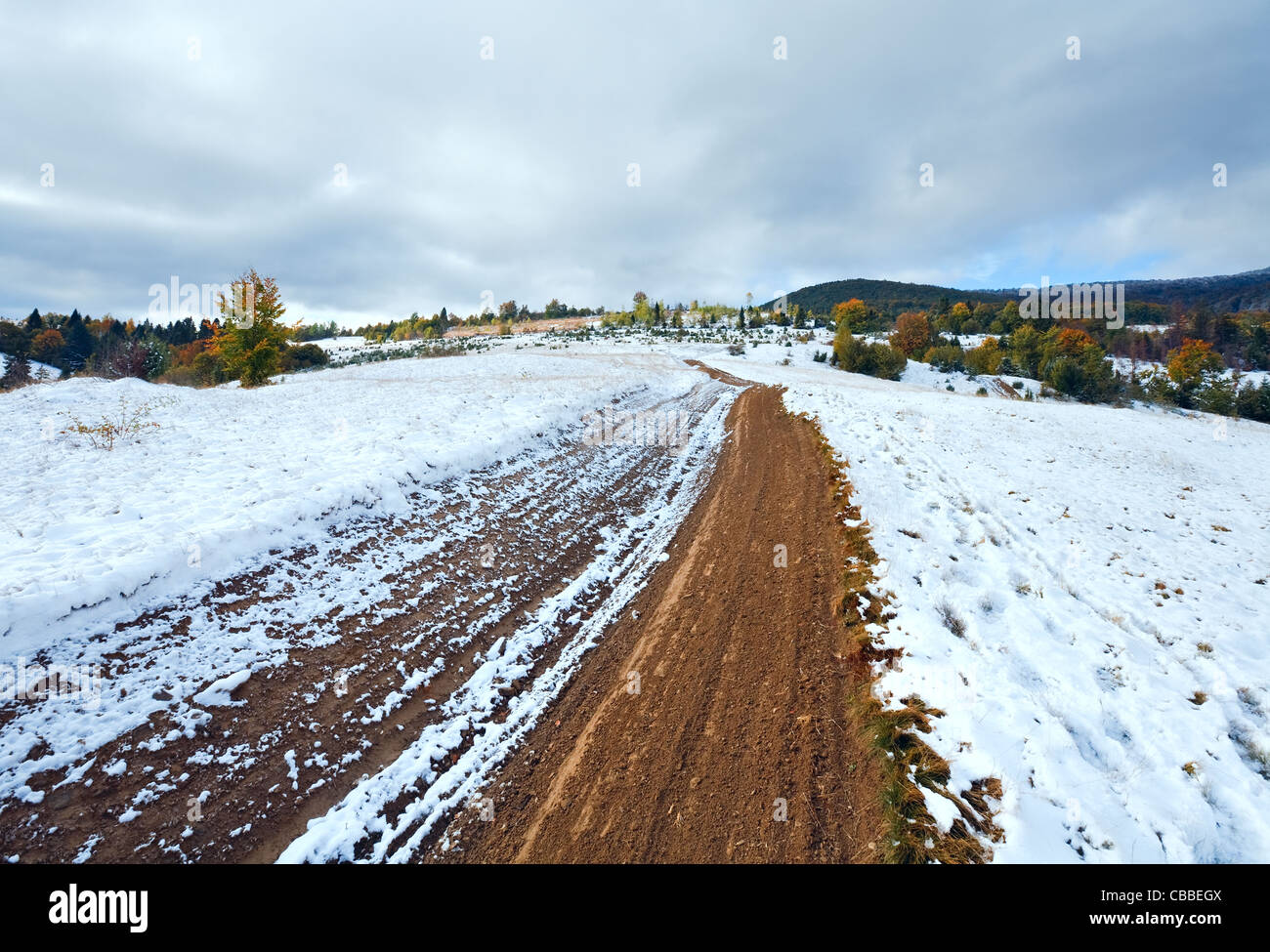 Prima neve invernale e autunno foglie colorate montagna vicina strada secondaria (Carpazi, Ucraina) Foto Stock