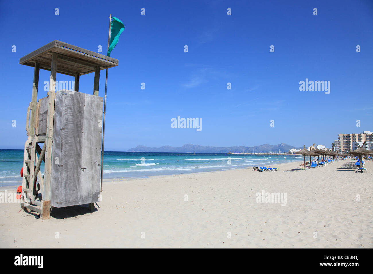 L'ampia e sabbiosa spiaggia di C'an Picafort, Maiorca, SPAGNA Foto Stock