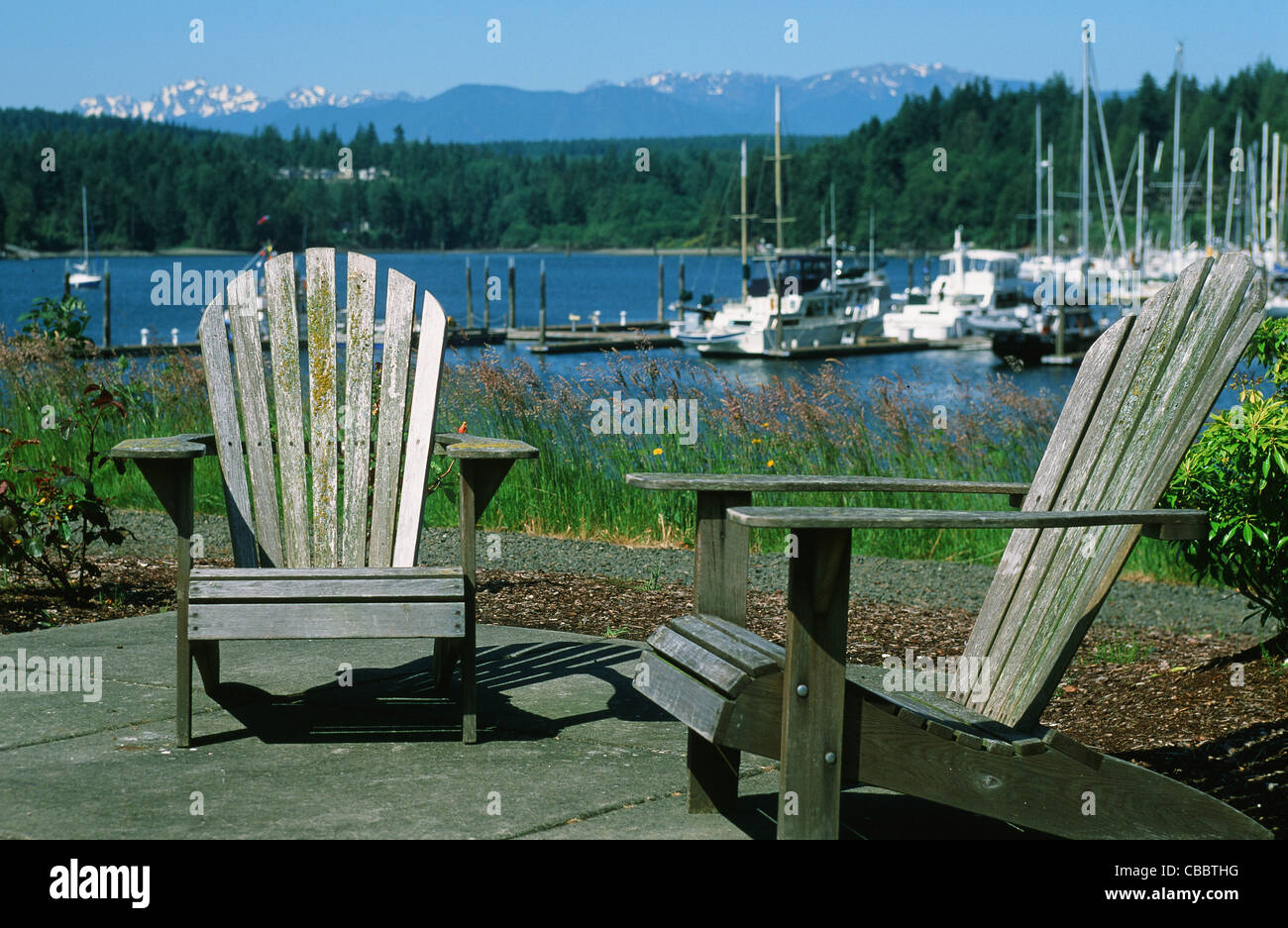 Sedie a sdraio della spiaggia di airone Inn at Port Ludlow nello Stato di Washington, USA Foto Stock