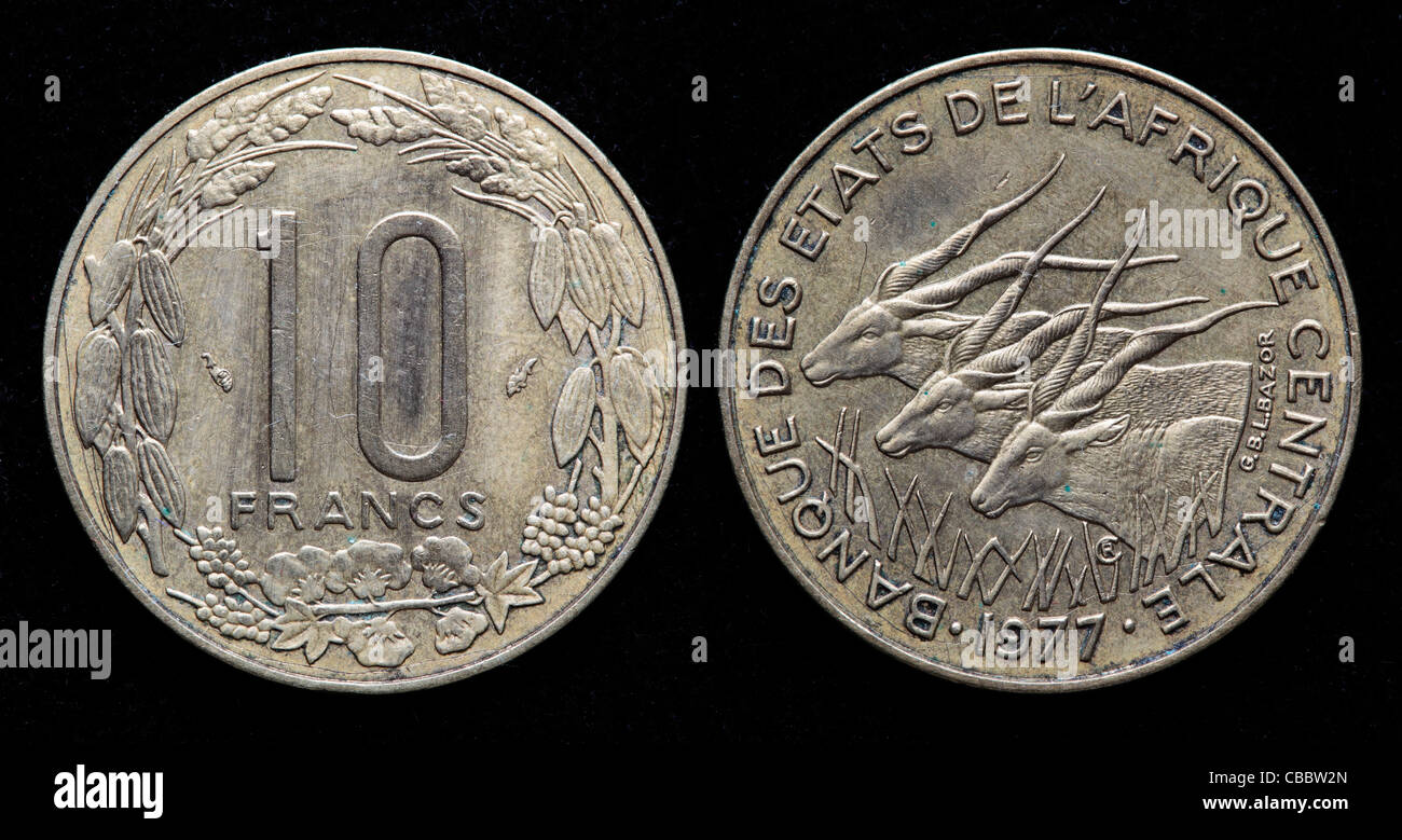 10 franchi coin, stati dell'Africa centrale, 1977 Foto Stock