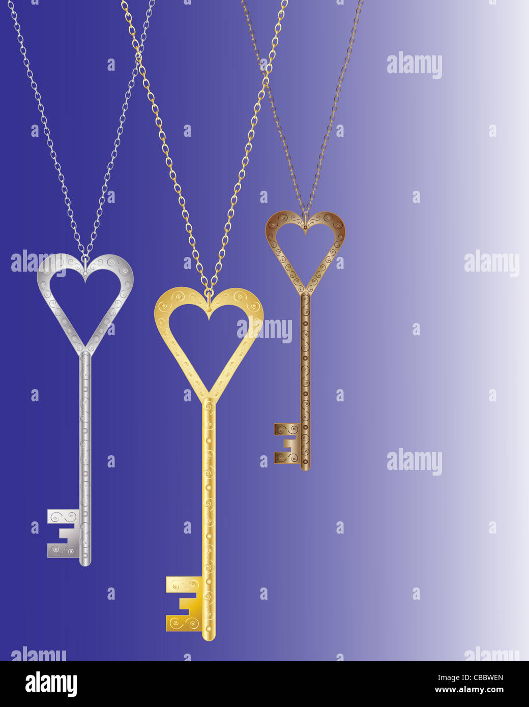 Una illustrazione di tre cuore chiavi sagomate in oro argento e bronzo con swirly decorazione su uno sfondo blu Foto Stock