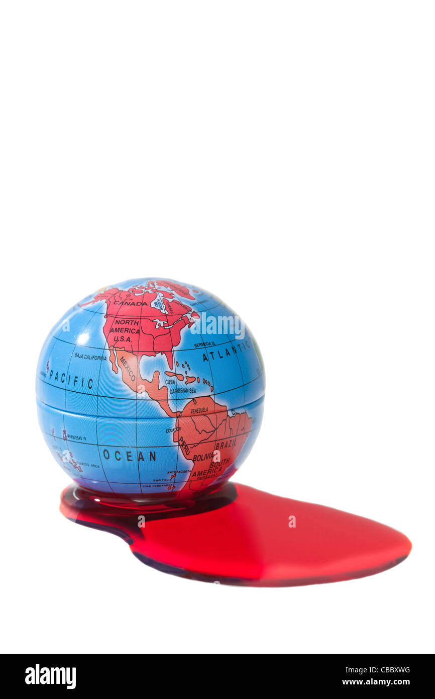 Sanguinamento La metafora del mondo mondo su sfondo bianco con il sangue la fuoriuscita Foto Stock
