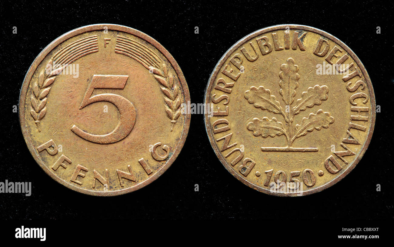 5 Pfennig coin, Germania Ovest 1950 Foto Stock